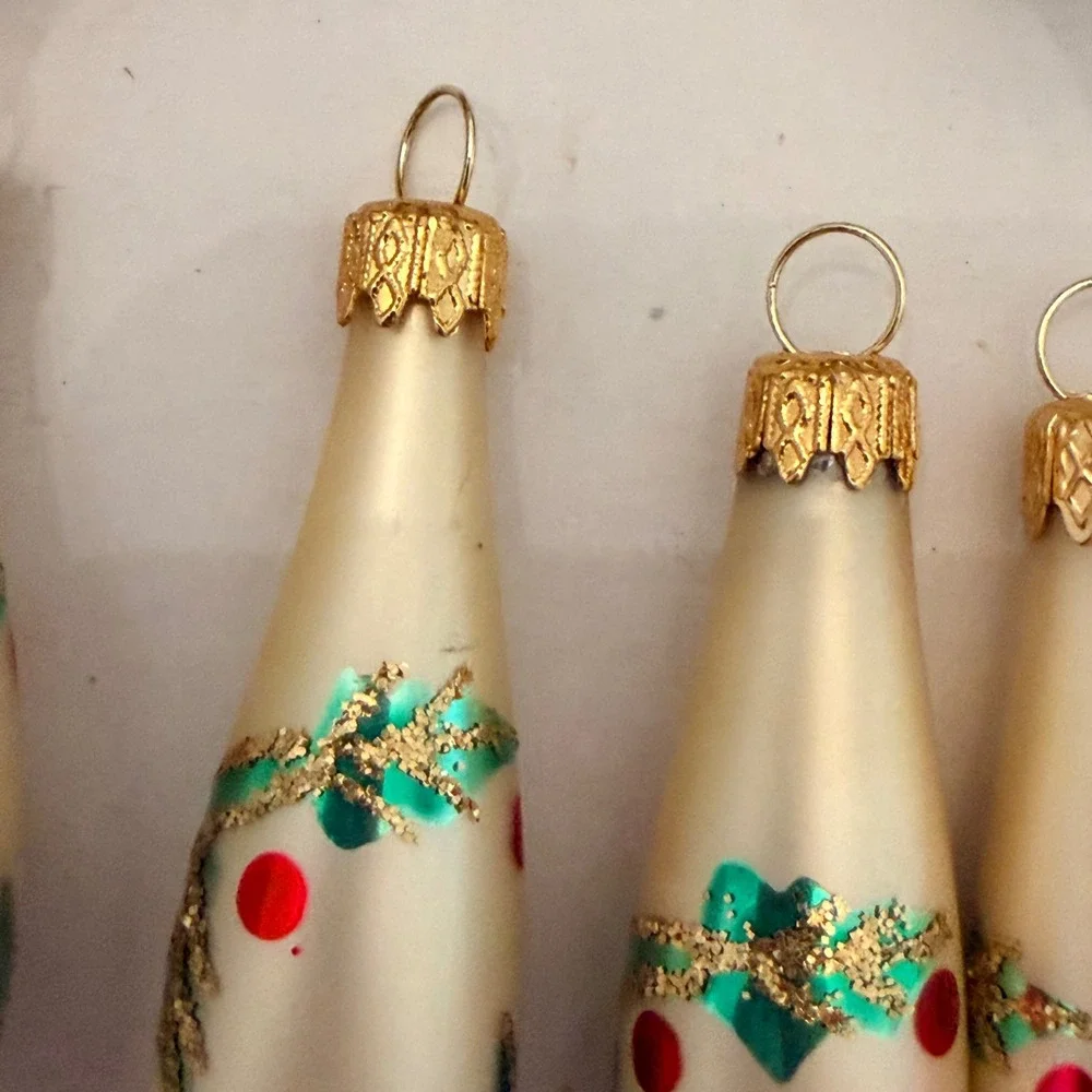 12pc Vintage Glass Christmas Ornaments Champagne Gold Green Holly Teardrop Set